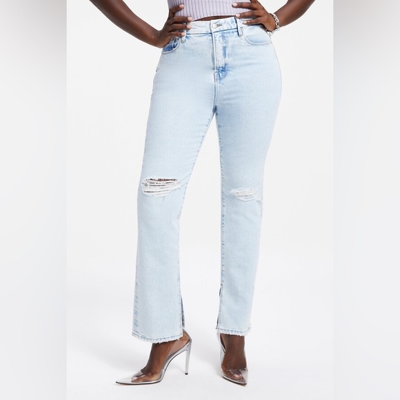 Good American Good Boy Distressed Jeans Light Wash Slit Leg - Picture 1 of 5